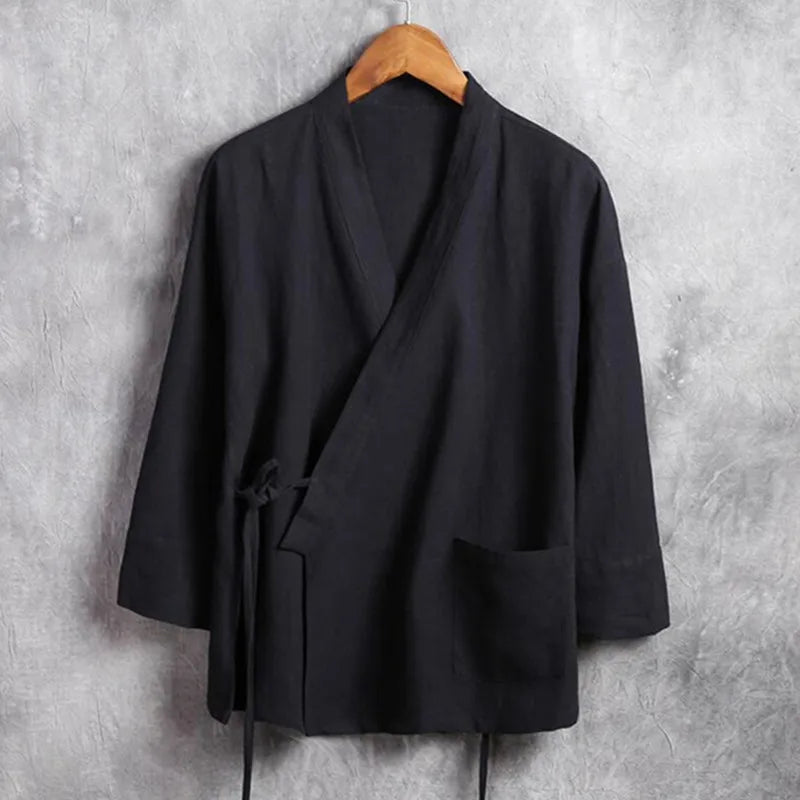 Men's linen vest Men's shirt Long sleeved Chinese official collar Traditional Kung Fu Tang casual social shirt Plus size shirt