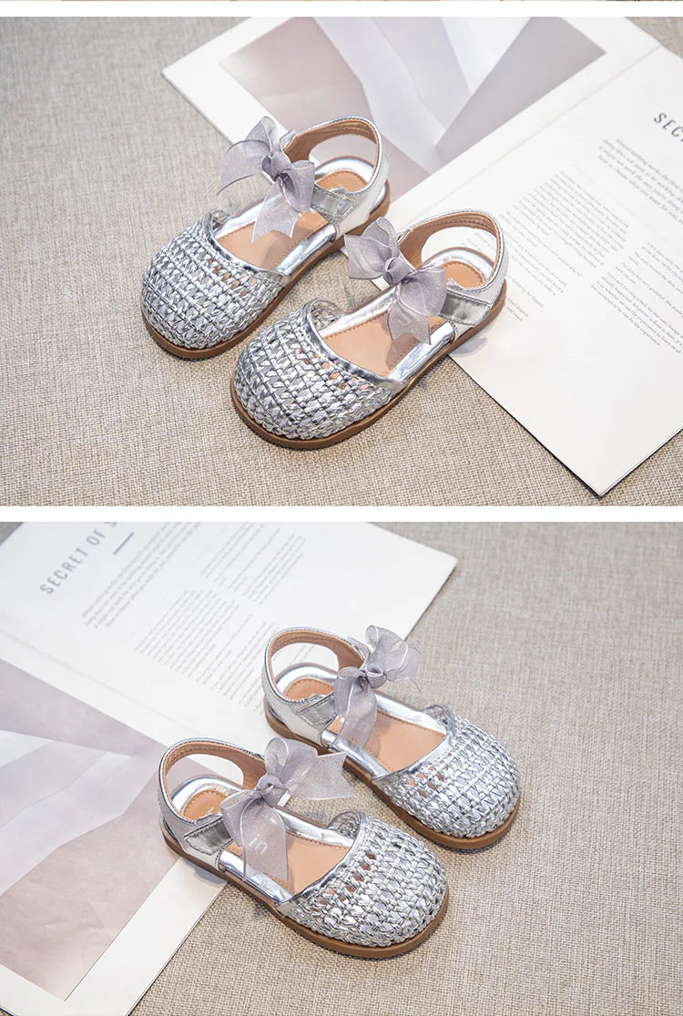 Braided Sandal for Girl Princess Summer Shoe Child Soft Sole Close Toed Butterfly Beach Shoe Kids Casual Shoe Beige Brown Silver