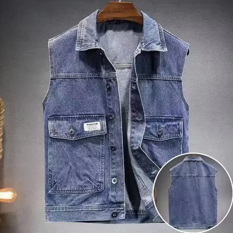 Loose Men's Denim Vest Spring Autumn American Retro Style Sleeveless Workwear Jacket Casual Trendy Brand Outerwear