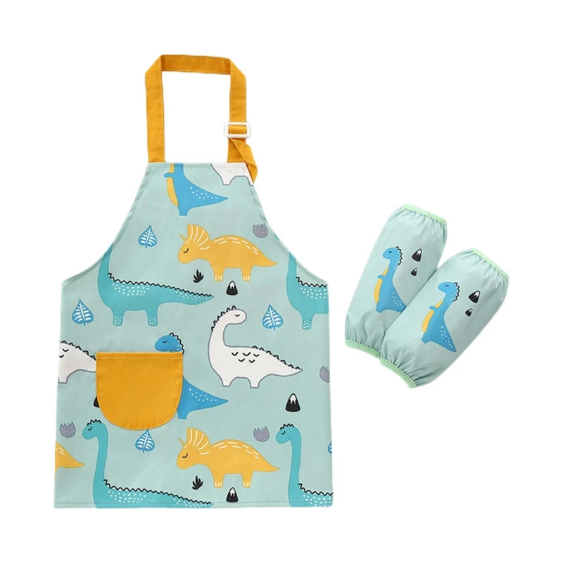 Cute Cartoon Children Apron with Sleeves Set Baby Bibs Kids Craft Art Apron Kitchen Cooking Suit Toddler Burp Cloths for 3-12Y
