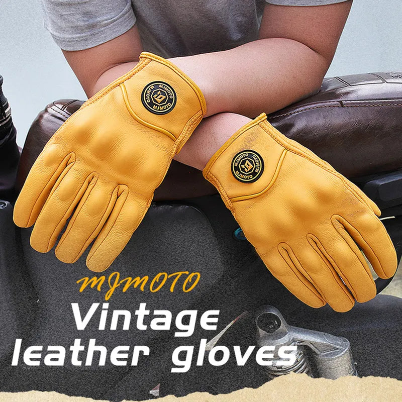 Retro Yellow Leather Motorcycle Gloves Men Women Breathable Perforated Motorbike Racing Gloves Touch Screen Motocross Moto Glove