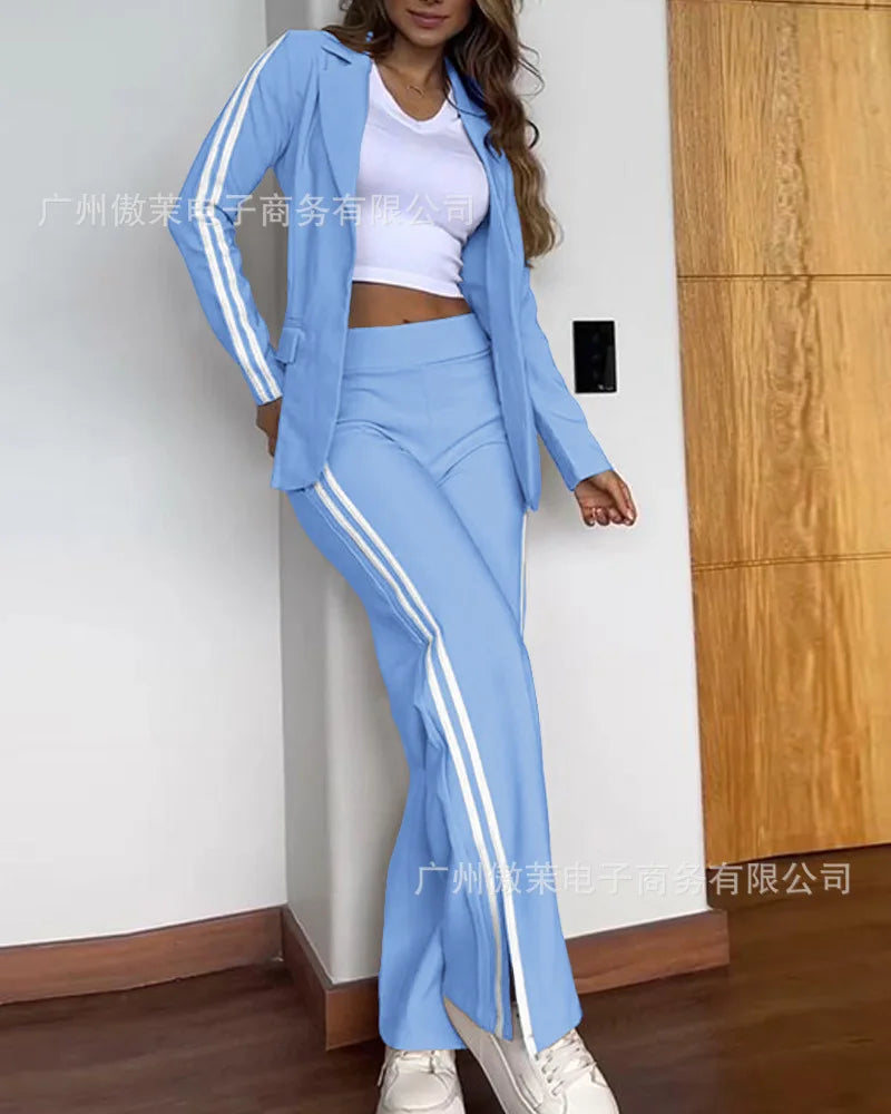 2025 Khaki Side Double Sports Ribbon Splicing Slim Lapel Suit Low Waist Split Straight Pants