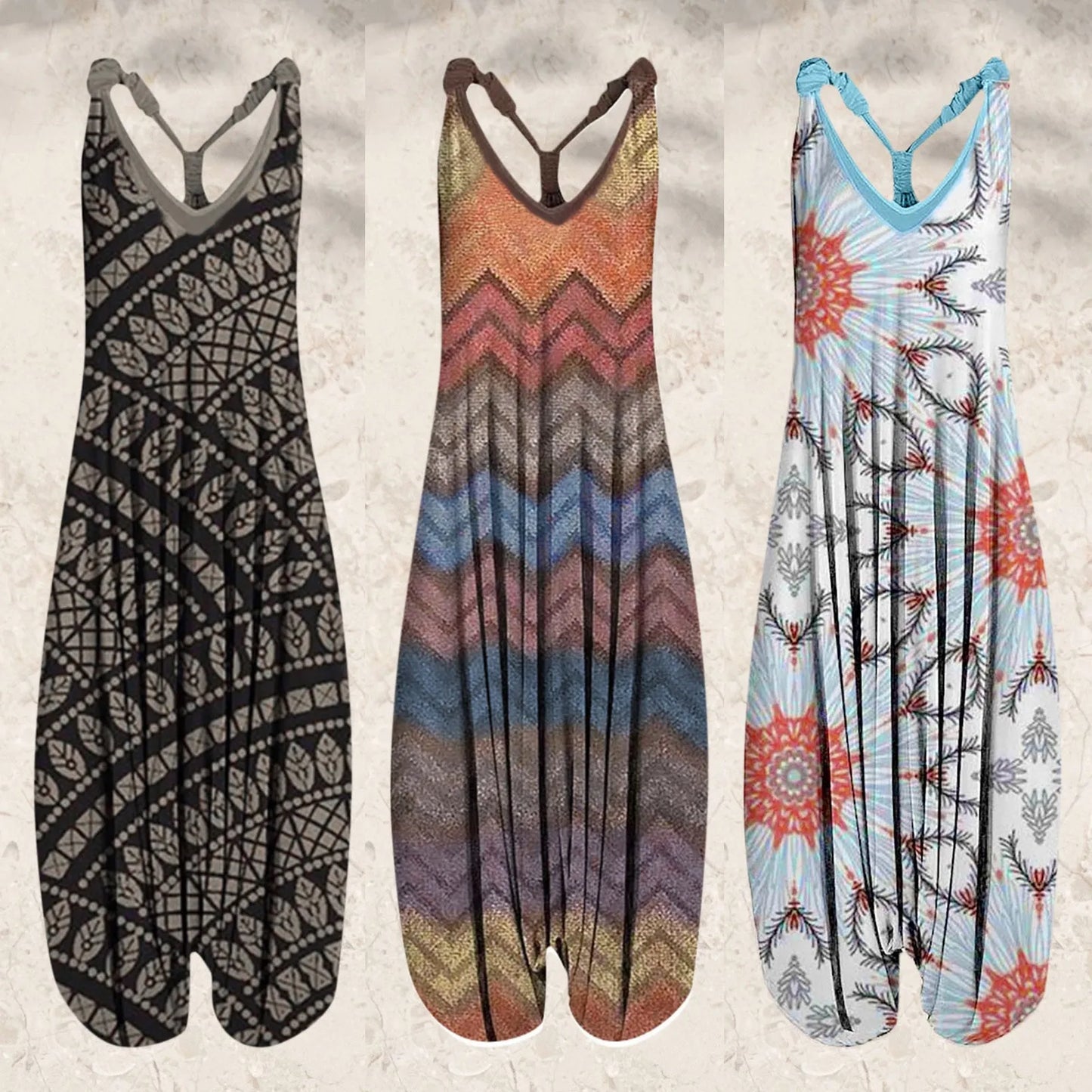 Large Size Ethnic Style Women's Jumpsuits Spring Summer Printed Sleeveless Overalls Backless Cross Straps Beach Jumpsuit S-5XL