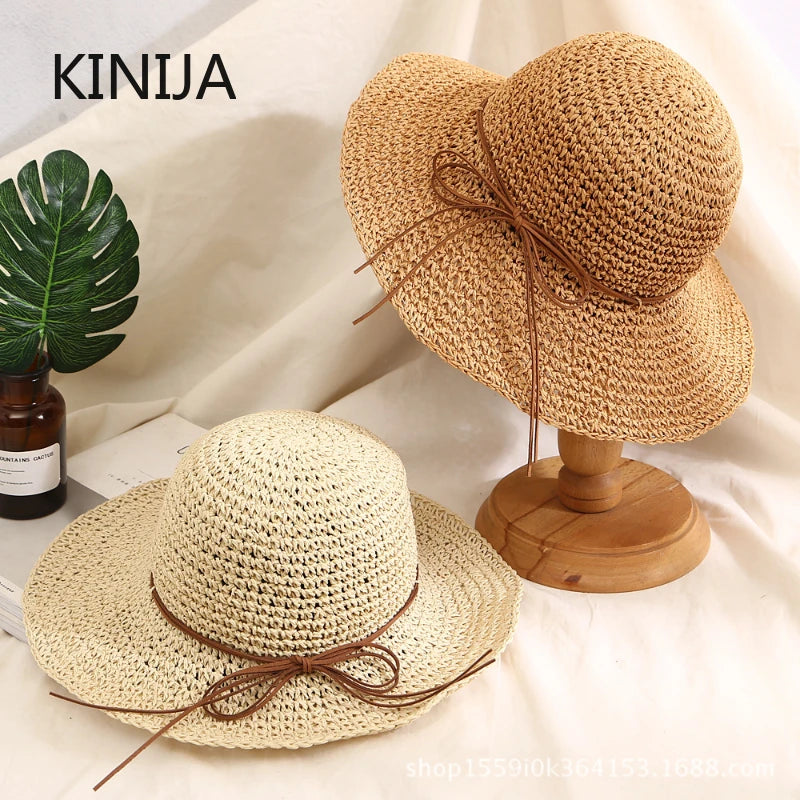 Holiday Sle Beach Fisherman Hat Seaside Sun Protection Sun Hat Large Brim Bow Woven Straw Hat Women Panama Chapeau Korean