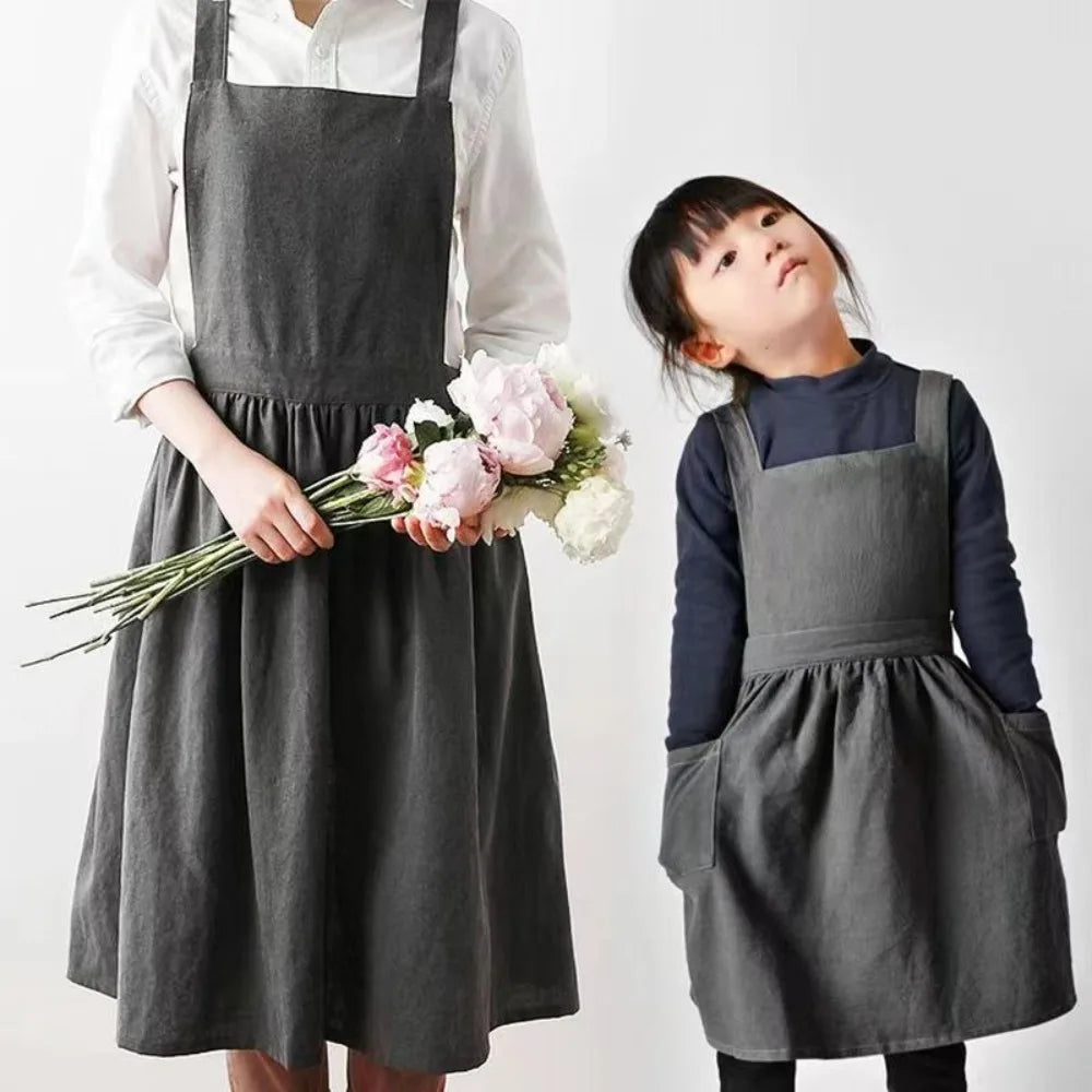 Kawaii Japanese Style Kids Apron Dress Solid Color Cotton Coffee Aprons Cross-back Soft Gardening Overalls Kitchen Accessories