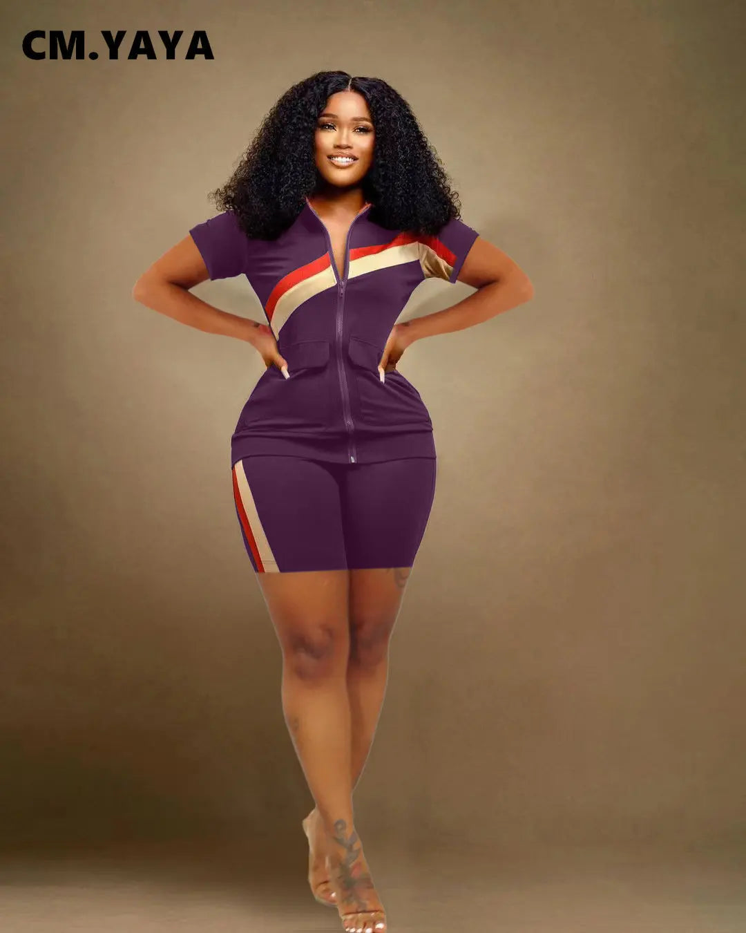 CM.YAYA Patchwork Fashion Women's Set Short Sleeve Track Top and Shorts Suit 2023 Sweatsuit Two 2 Piece Set Outfit Tracksuit