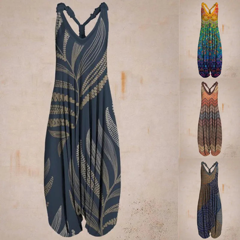 Bohemian Women's V-neck Sleeveless Jumpsuit Retro Ethnic Halter Top Harem Pants Beach Fashionable Casual Floral Print Jumpsuit