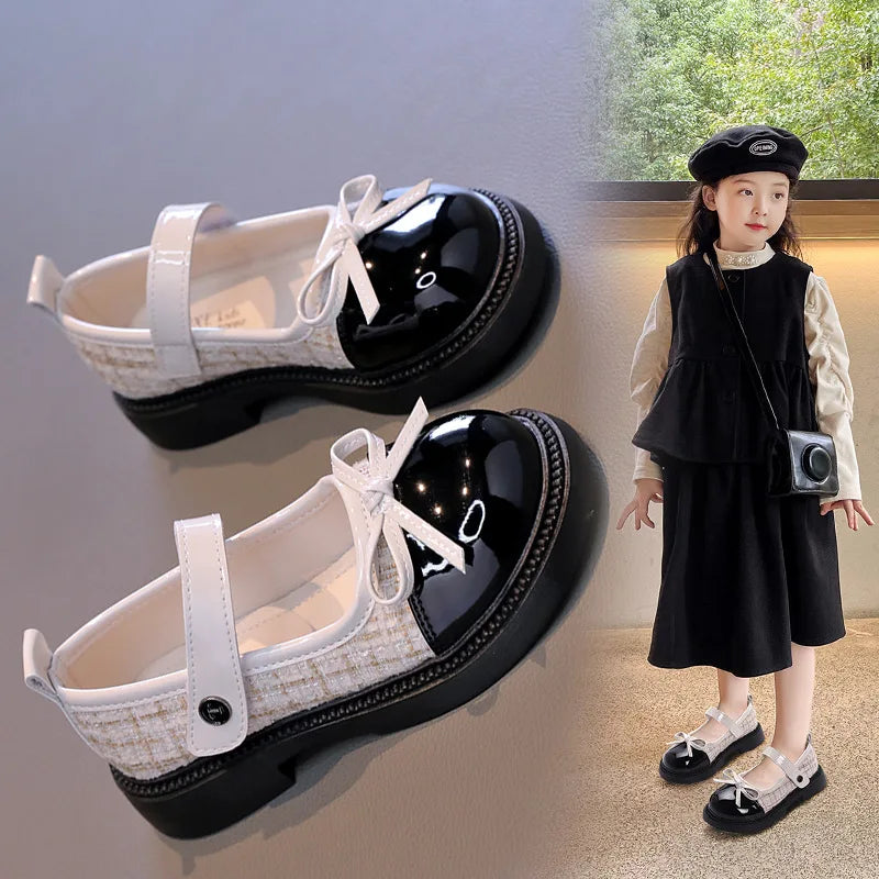 Butterfly Knot Anti Slip Round Toe Girls Leather Shoes Spring Autumn Outdoor PU Sweet Princess Leather Shoes Sandalias De Mujer