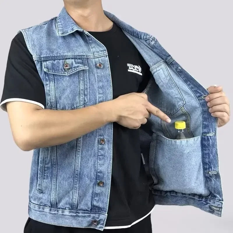 Men's Denim Vest Sleeveless Multi-Pocket Solid Color Spring Autumn Fashion Outerwear Casual Style Pure Color Top Coat