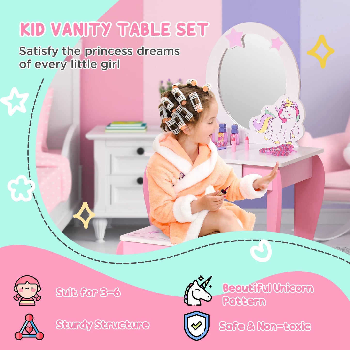 HOMCOM Unicorn-Designed Girls Dressing Table with Mirror for Toddles Girls Age 3-6 Years, Acrylic Mirror, Pink and White