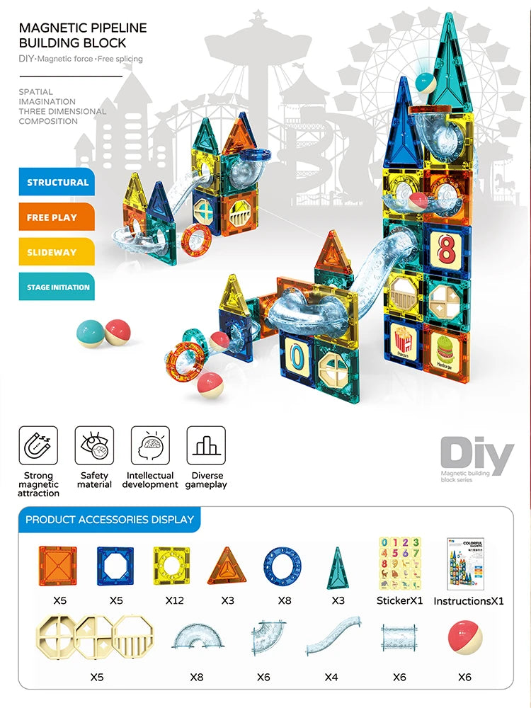 Children's Pipe Magnetic Sheet Building Blocks Playset 73pcs Variety Building Blocks Children's Educational Early Education Toys