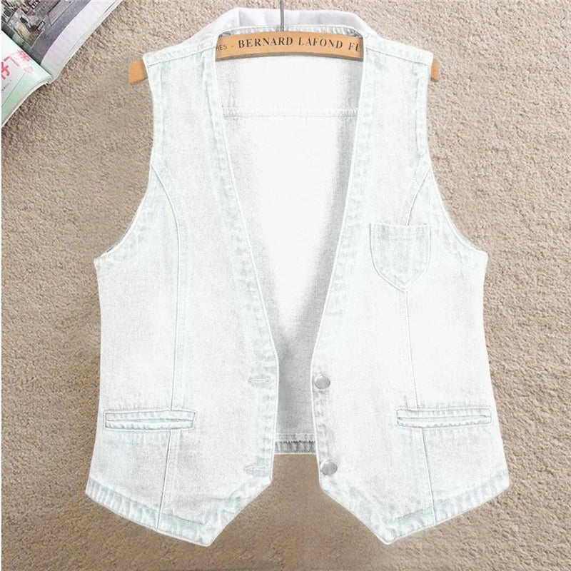 Fashion Denim Vest Female Streetwear V Neck Women Vest Summer Large Size Waistcoat Jeans Tops Sleevless Jacket Chaleco Mujer 6XL