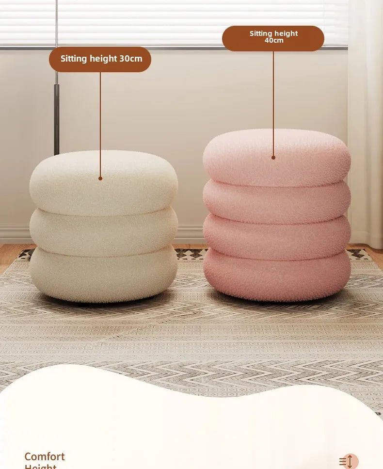 Creamy Household Stool for Girls, Makeup Seat, Bedroom Vanity Chair, Soft Lamb Wool Pouf, Minimalist Manicure, Round Ottoman