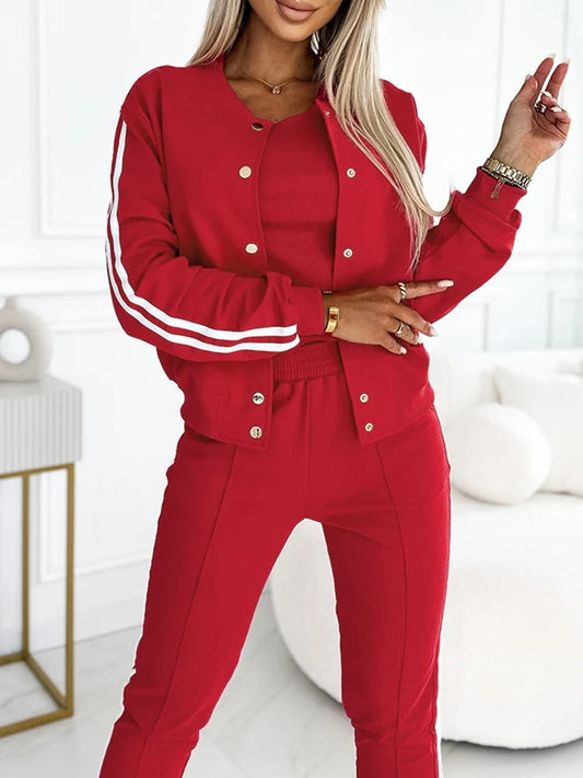 Autumn 3 Piece Tracksuit Outfit Set Striped Tape Patch Button Front Jacket Cuffed Pants Tank Top with Pockets for Casual Wear