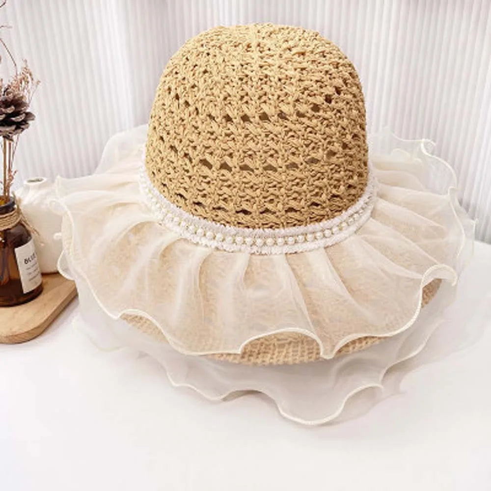 Beige Portable Lace Pearls Sun Cap Hollow Out Polyester Straw Weaving Beach Hat Breathable Thin Big Brimmed Woven Cap Women