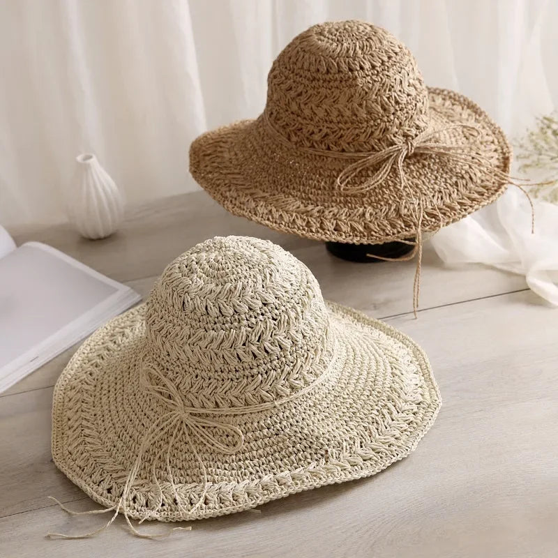 Foldable Sun Protection Straw Hat Women's Summer Korean Style Beach Vacation Outing Large Brim Sand Beach Cap Lace Net Hat