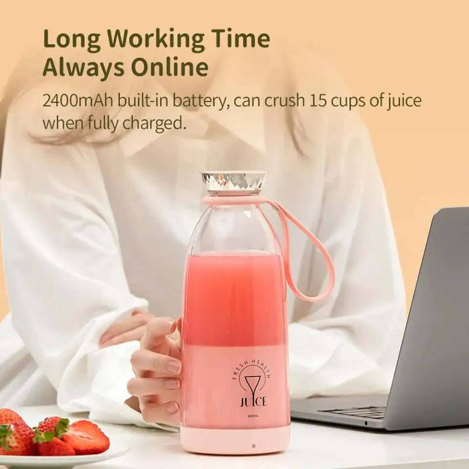 500ml Portable juicer Rechargeable Wireless Fruit Mixer Fresh Juice Bottle Blender 6 Blades Food Milkshake Ice Crush Cup 2400mAh
