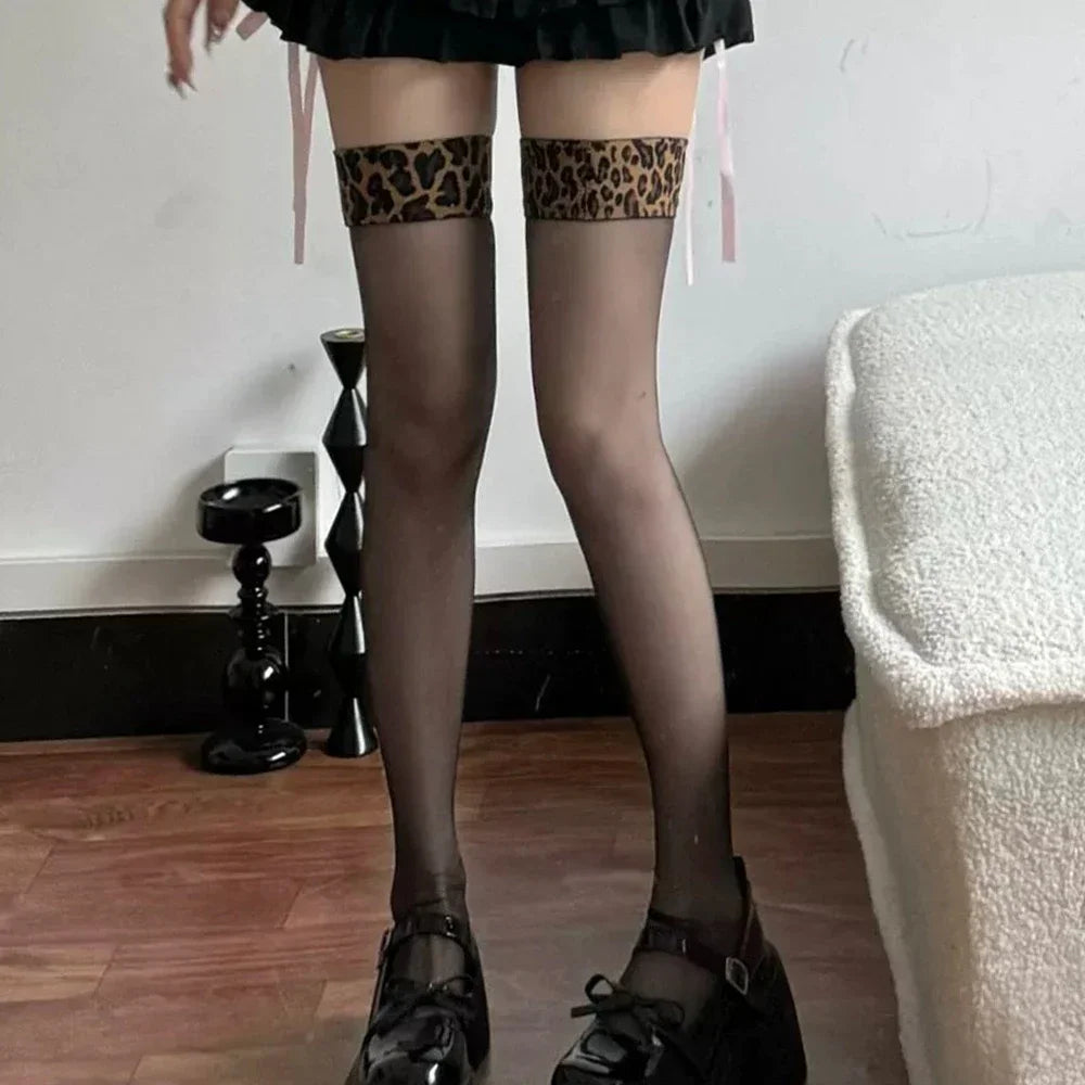Leopard Tube Stocking Patchwork Ladies Stockings Popular Underwear Women Sexy Thigh High Socks 20D transparent Long Leg Hosiery