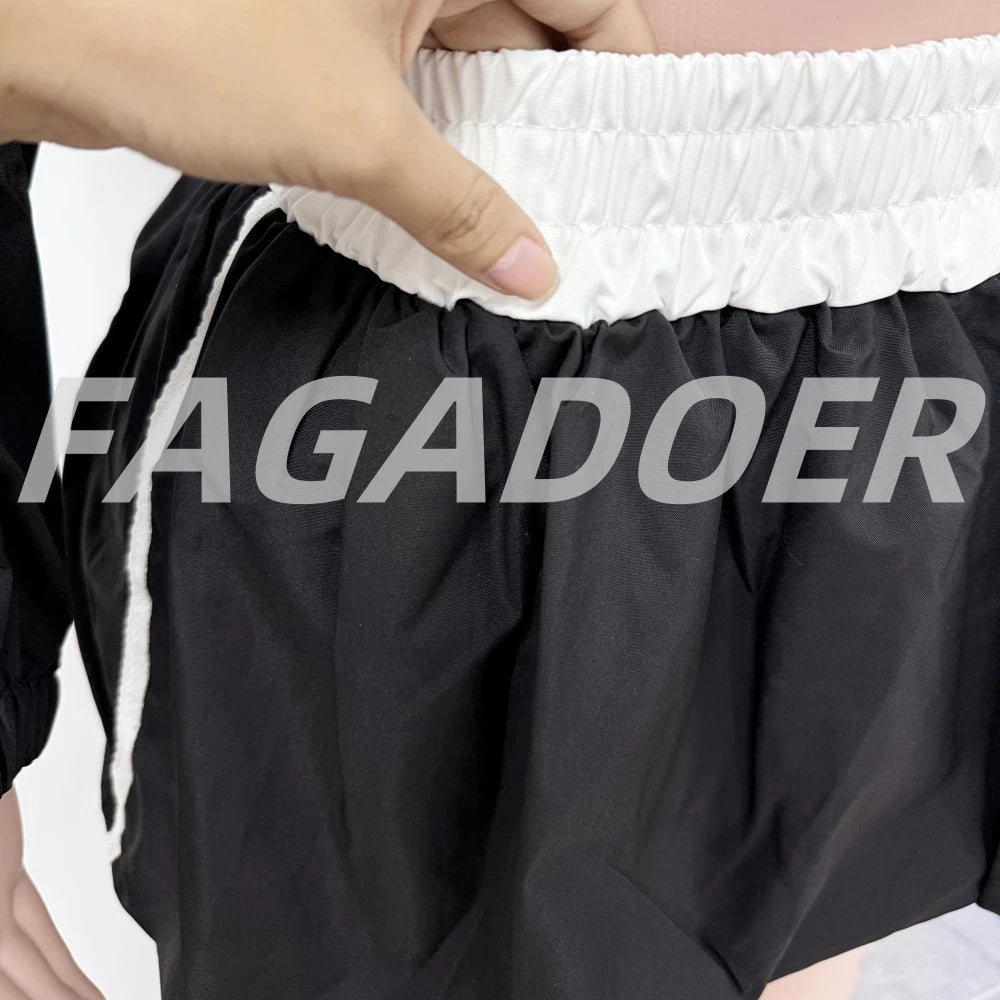 FAGADOER Casual Color Block 2 Pieces Set for Woman Long Sleeve Zipper Crop Jacke and Drawstring Shorts Female Jogger Clothing