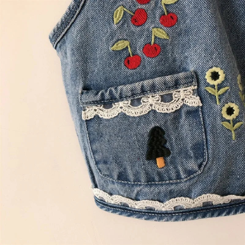 Baby and Girls Sweet Embroidered Work Single-Breasted Denim Vest Jackets School Kids Waistcoat Child Outfit Tops For 1-10 Yr