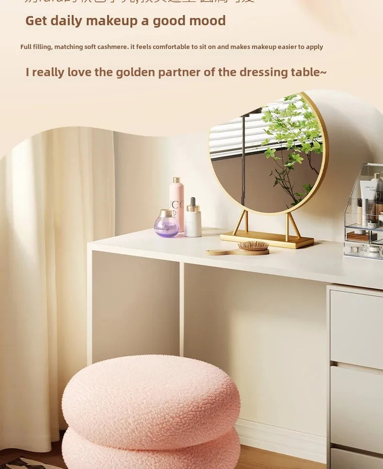 Creamy Household Stool for Girls, Makeup Seat, Bedroom Vanity Chair, Soft Lamb Wool Pouf, Minimalist Manicure, Round Ottoman