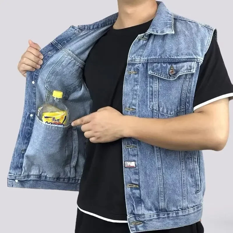 Men's Denim Vest Sleeveless Multi-Pocket Solid Color Spring Autumn Fashion Outerwear Casual Style Pure Color Top Coat