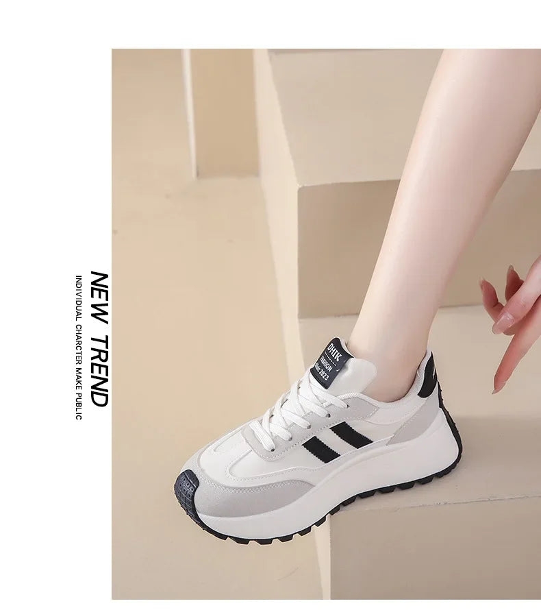 2024 autumn Spring Thick Bottom Women's Shoes Casual Patchwork Leather Sneakers Casual Vulcanised Shoes Ladies Chaussure Femme