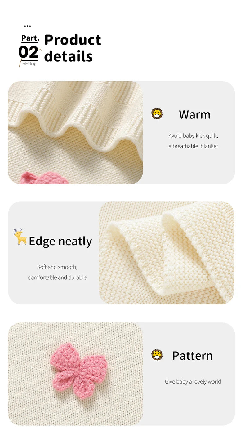 Baby Blankets Knit Newborn Boy Girl Bedding Quilt 90*70CM Infant Stroller Swaddle Wrap Super Soft Fashion Cute 3D Bows Sleepsack