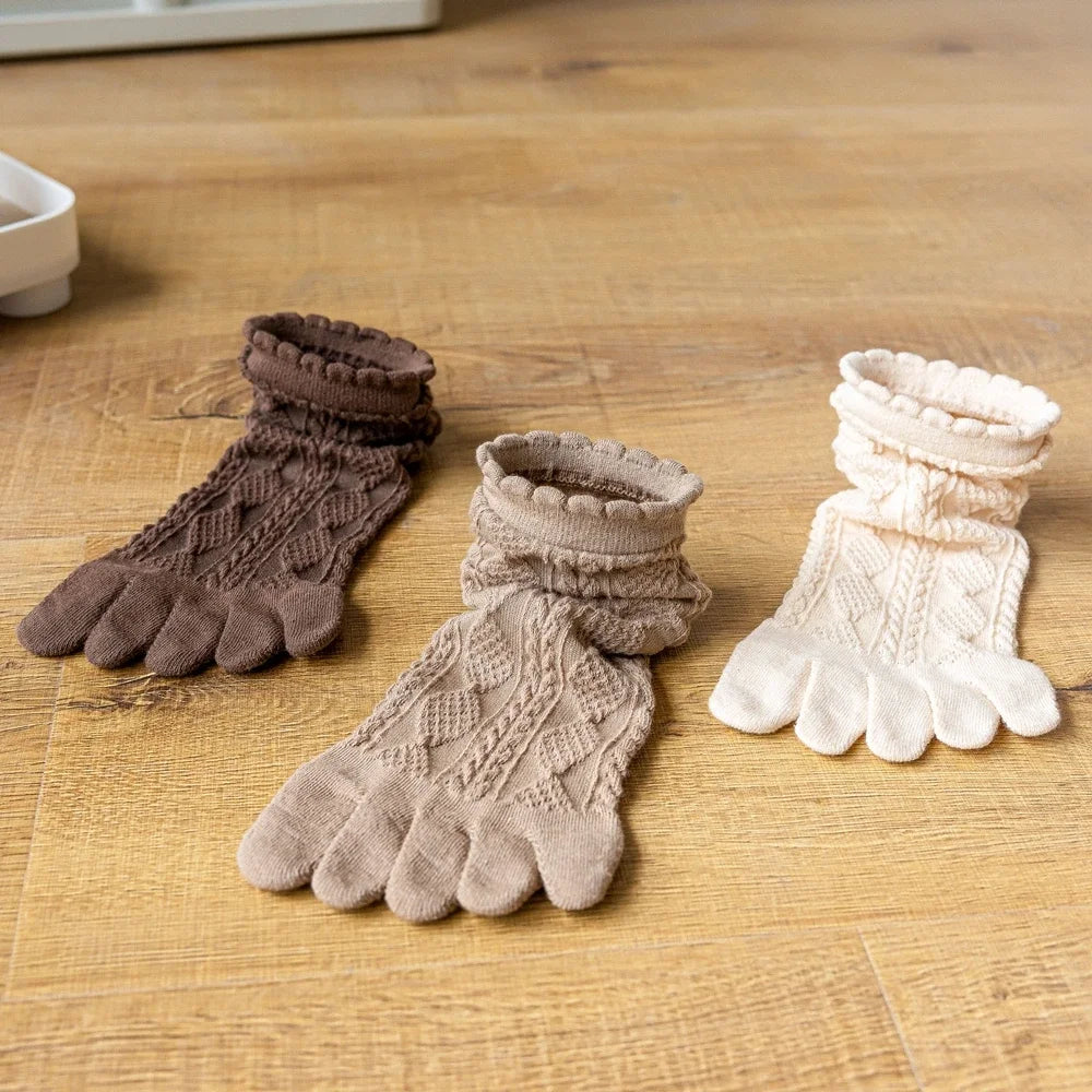 3 Pairs Summer Mesh Toe Socks Women Embroidered Floral Five Finger Socks High Quality Cotton Athletic Socks