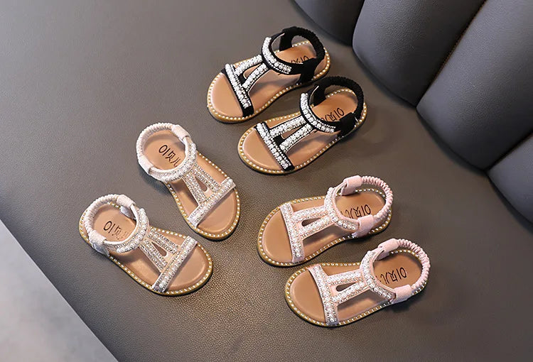 Girls Sandals Kids Summer Roman Shoes 2022 Elegant Pearl Rhinestone Party Princess Shoe Flats Non-slip Casual Girl Beach Sandal
