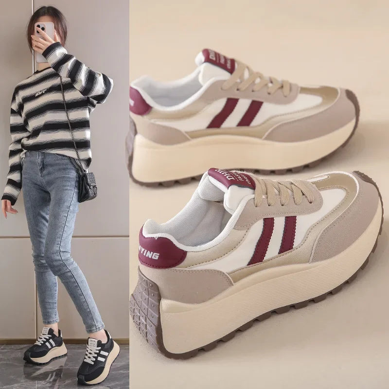 2024 autumn Spring Thick Bottom Women's Shoes Casual Patchwork Leather Sneakers Casual Vulcanised Shoes Ladies Chaussure Femme