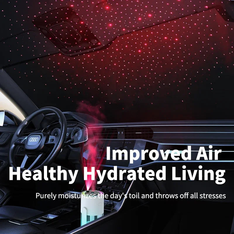 Car Air Humidifier with Starry Sky Lights Mini Aromatherapy Essential Oil Ultrasonic Diffuser Color Night Light Humidifier