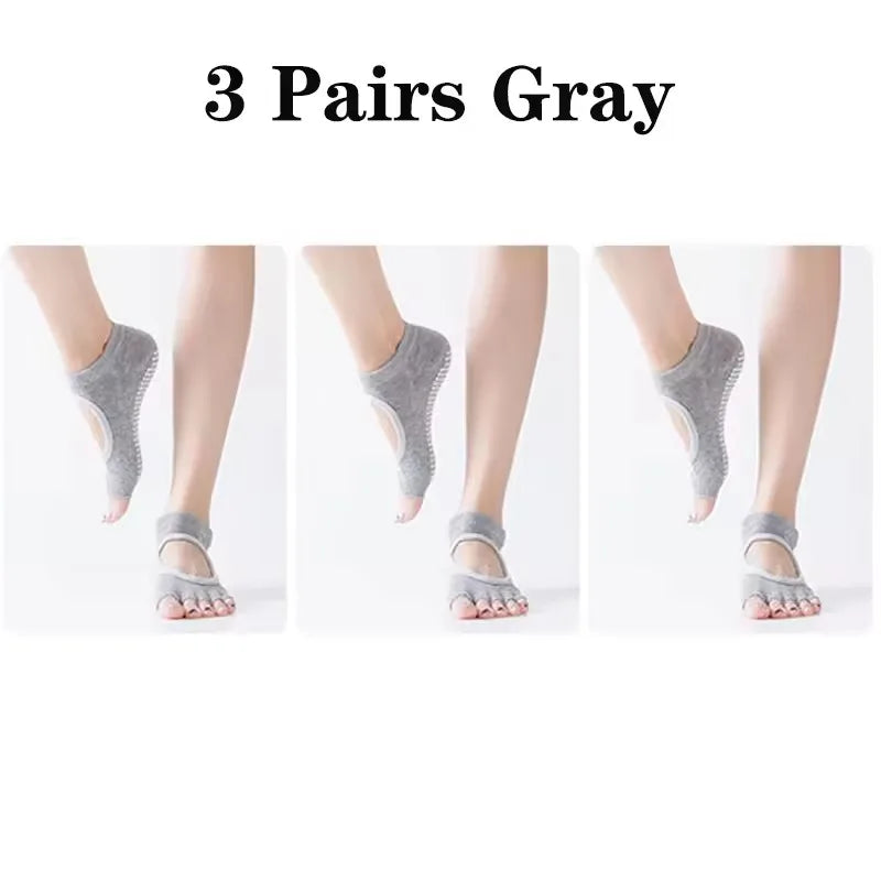 3 Pairs Women Backless Five Toe Yoga Socks Non-Slip Cotton Dance Ballet Pilates Socks Open Half Breathable Fitness Sports Socks