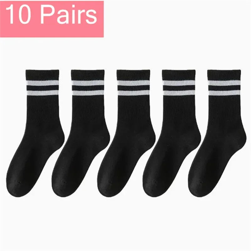 Mid Length Socks Women Classic Black White Solid Color Fashionable Casual Sports Absorbing Breathable Men Socks 1/7/10/20 Pairs