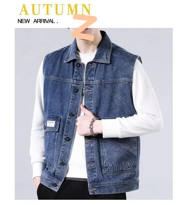 Loose Men's Denim Vest Spring Autumn American Retro Style Sleeveless Workwear Jacket Casual Trendy Brand Outerwear