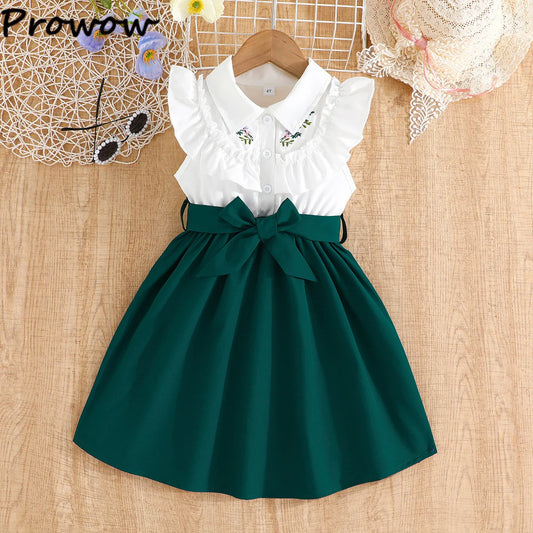 Prowow Lady Girl's Dresses Sleeveless Embroidery Floral Lotus Dress Turn-Down Collar Patchwork Shirt Dress For Girls With Belt