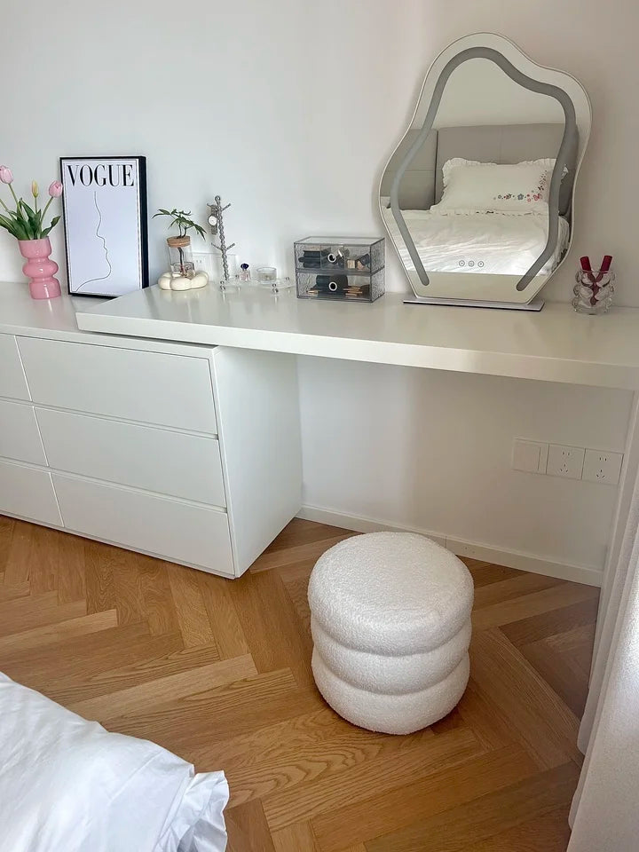 Creamy Household Stool for Girls, Makeup Seat, Bedroom Vanity Chair, Soft Lamb Wool Pouf, Minimalist Manicure, Round Ottoman