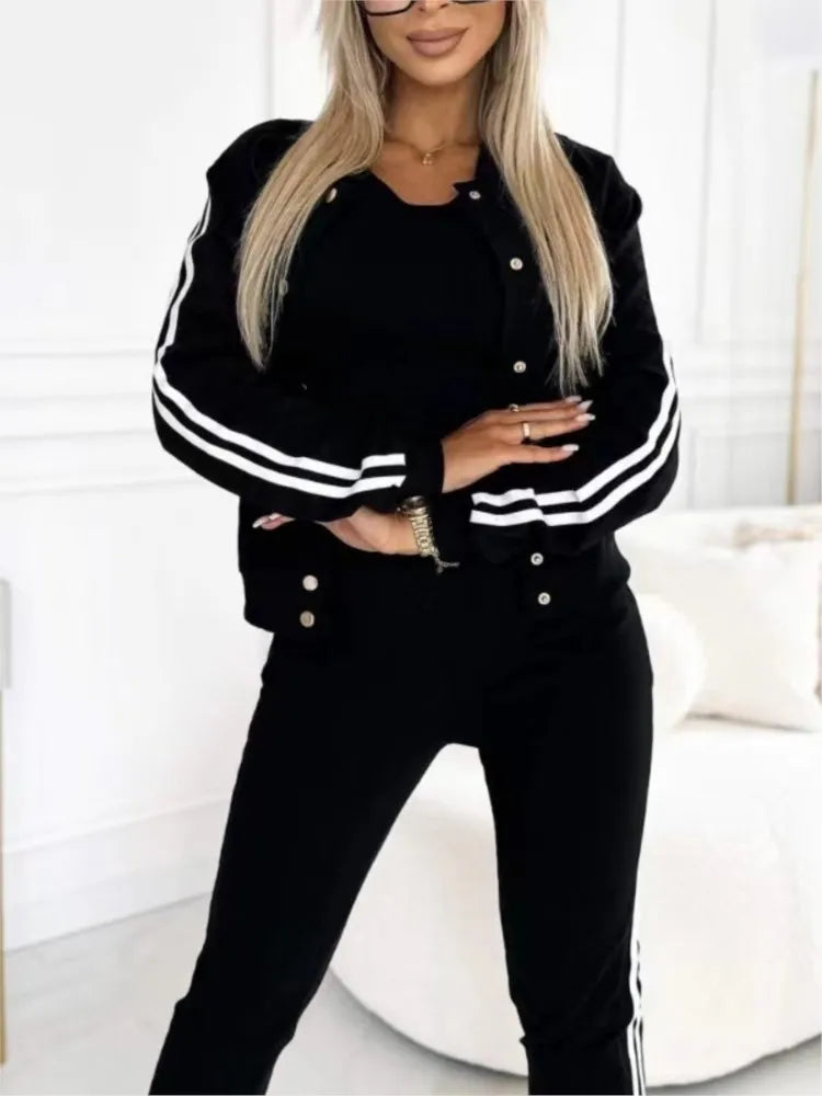 Autumn Winter Fashion Red Black Casual 3 Piece Sets Women O-neck Slim Tank Top + Button Long Sleeve Jacket And Pencil Pant Set