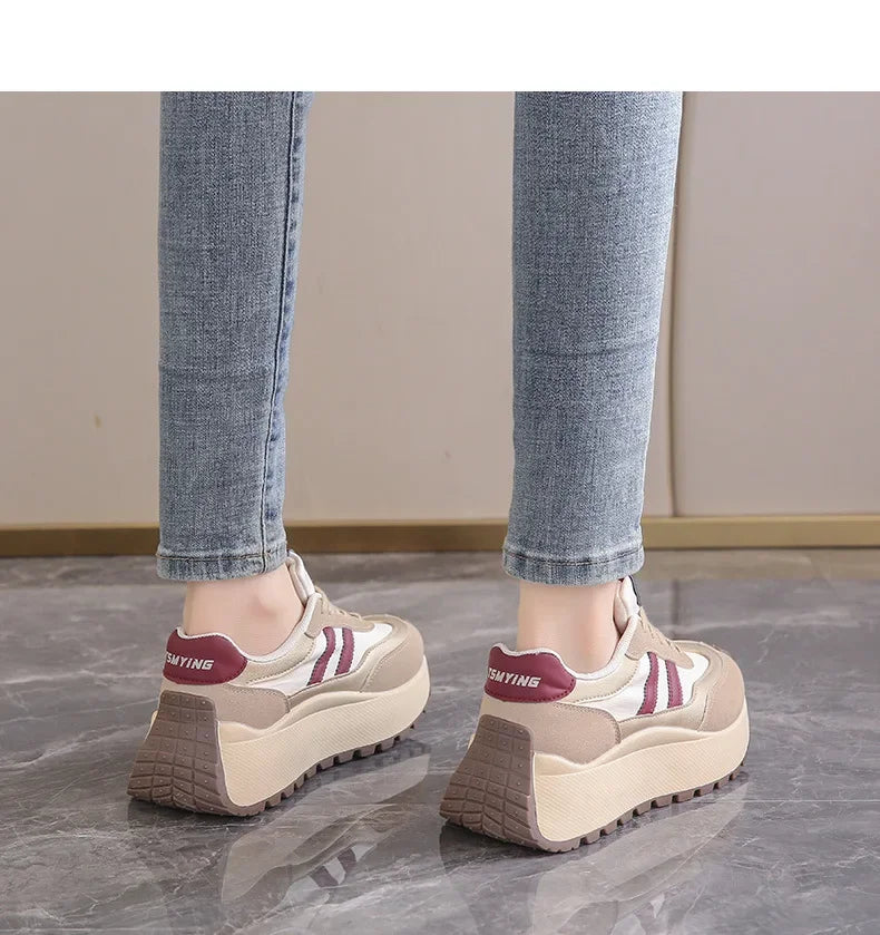 2024 autumn Spring Thick Bottom Women's Shoes Casual Patchwork Leather Sneakers Casual Vulcanised Shoes Ladies Chaussure Femme