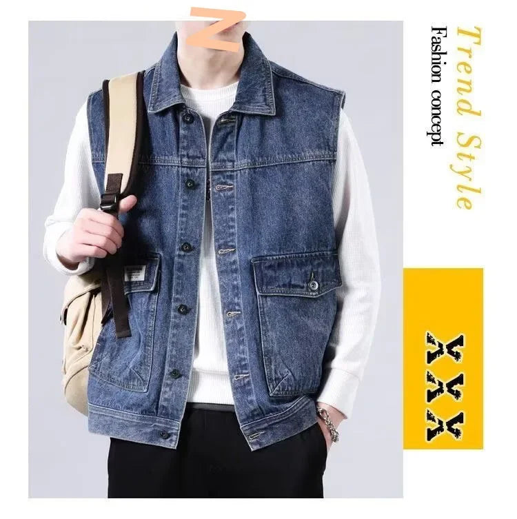 Loose Men's Denim Vest Spring Autumn American Retro Style Sleeveless Workwear Jacket Casual Trendy Brand Outerwear