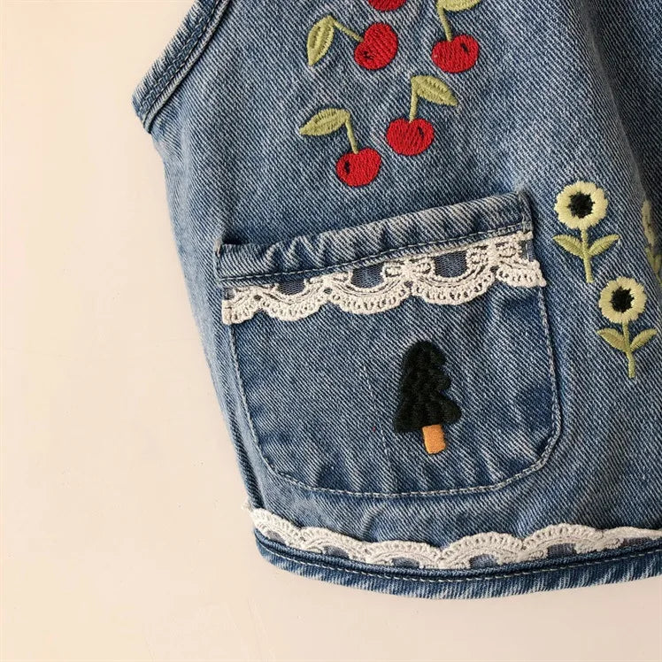 Baby and Girls Sweet Embroidered Work Single-Breasted Denim Vest Jackets School Kids Waistcoat Child Outfit Tops For 1-10 Yr