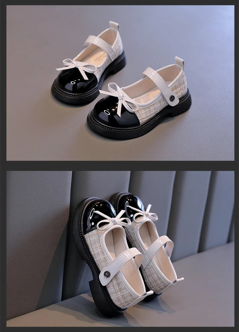 Butterfly Knot Anti Slip Round Toe Girls Leather Shoes Spring Autumn Outdoor PU Sweet Princess Leather Shoes Sandalias De Mujer