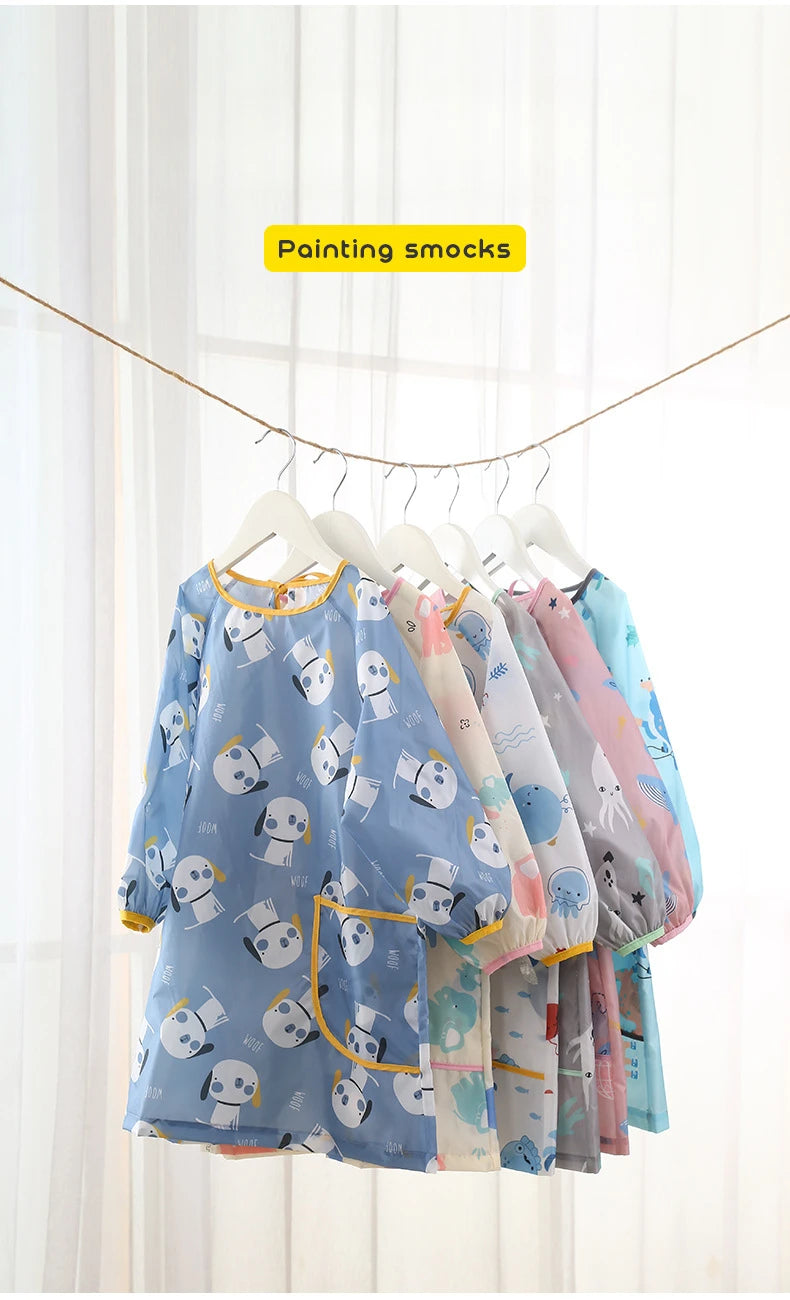 Children's Painting Apron Kids Long Sleeve Waterproof Apron Art Craft Painting Cook Feeding Cartoon Smock for Painting Cooking