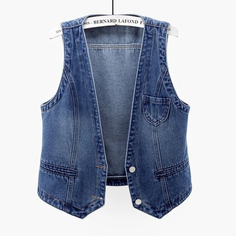 Fashion Denim Vest Female Streetwear V Neck Women Vest Summer Large Size Waistcoat Jeans Tops Sleevless Jacket Chaleco Mujer 6XL