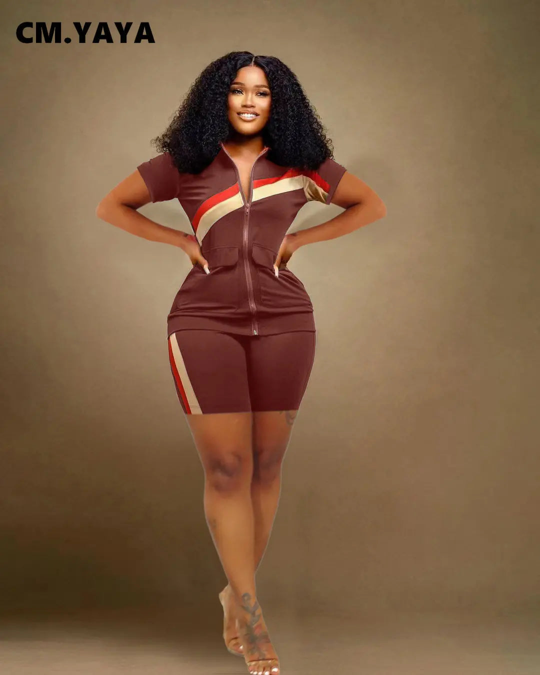 CM.YAYA Patchwork Fashion Women's Set Short Sleeve Track Top and Shorts Suit 2023 Sweatsuit Two 2 Piece Set Outfit Tracksuit