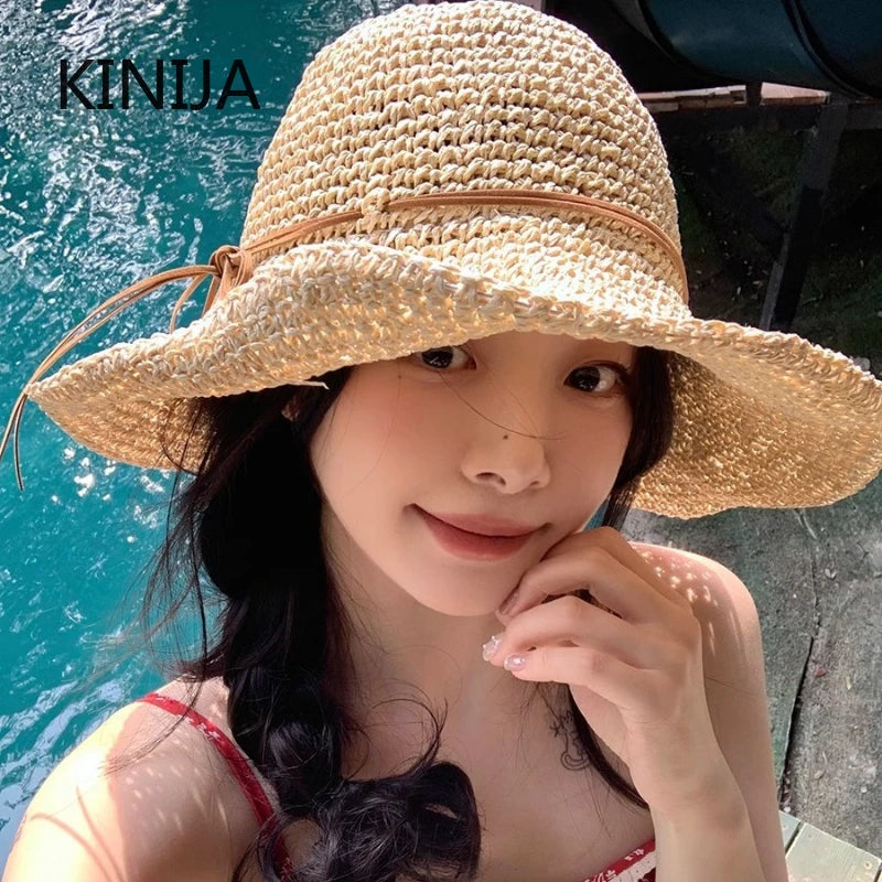 Holiday Sle Beach Fisherman Hat Seaside Sun Protection Sun Hat Large Brim Bow Woven Straw Hat Women Panama Chapeau Korean