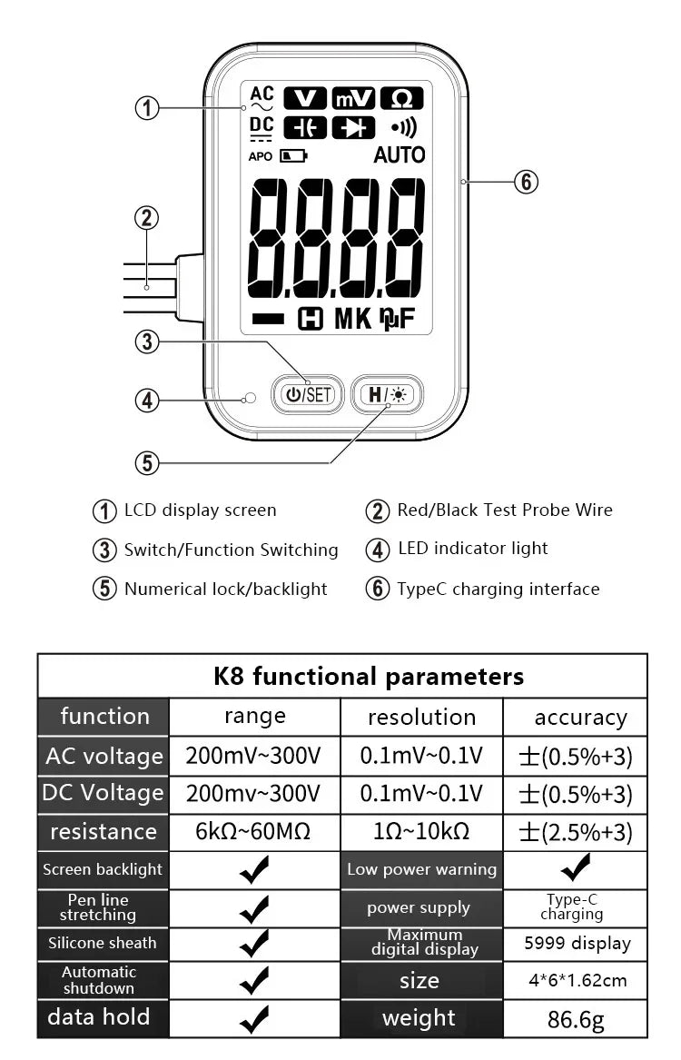 NASAN Digital Multimeter AC/DC Meter Voltage Resistance Meter Electrician LCD Backlight Test Professional Electrical Tester Tool