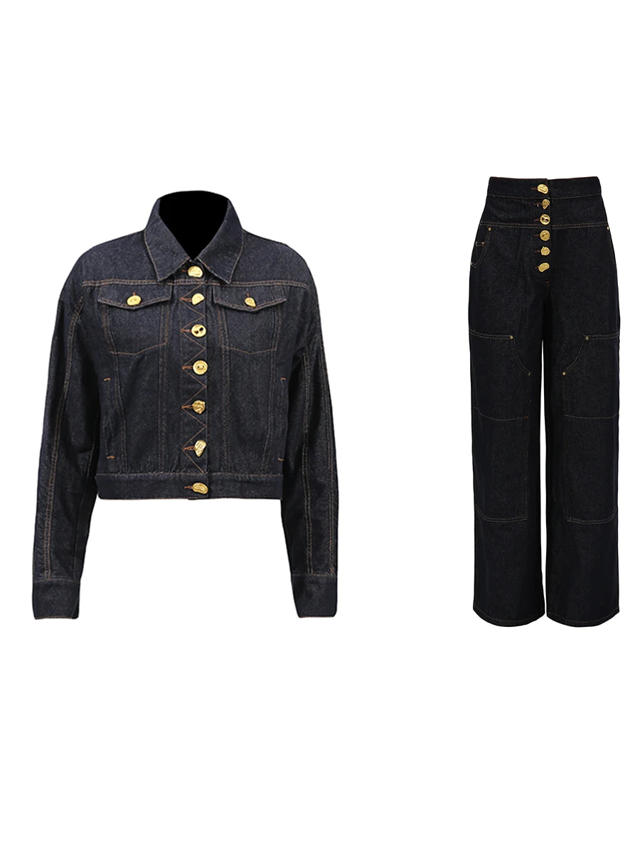 TWOTWINSTYLE Spliced Button Two Piece Sets For Women Lapel Long Sleeve Top High Waist Patchwork Pockets Pant Set Female Fashion