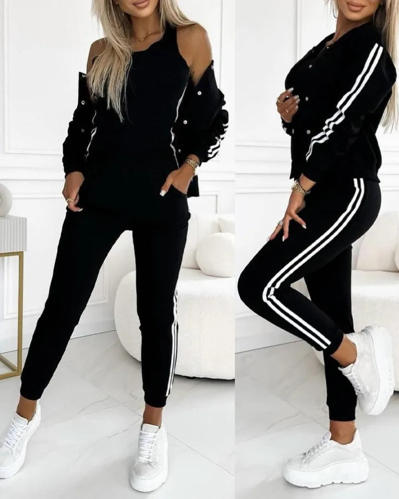 Autumn 3 Piece Tracksuit Outfit Set Striped Tape Patch Button Front Jacket Cuffed Pants Tank Top with Pockets for Casual Wear