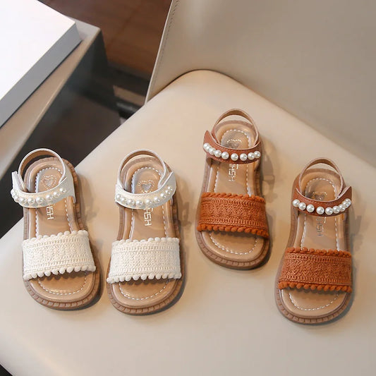 Unishuni Girls Sandals Princess One-Strap Summer Shoes Child Soft Skin-Friendly Cloth Sandal Kids Lace Pearl Bohemia Beach Flats